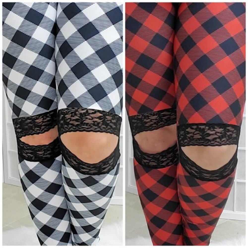 Checkered Lace Detail Women's Leggings